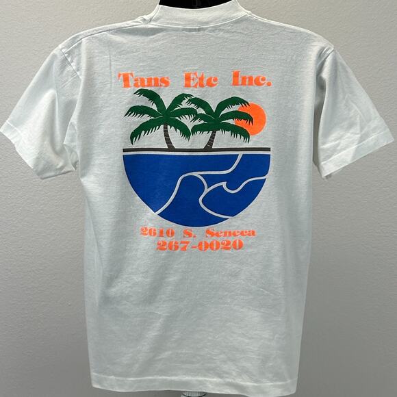 Vintage 90s Tans Etc Inc T Shirt Tanning Made in USA White Graphic Tee L Large - Picture 3 of 11
